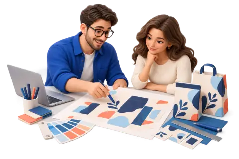Designers working together on custom packaging artwork